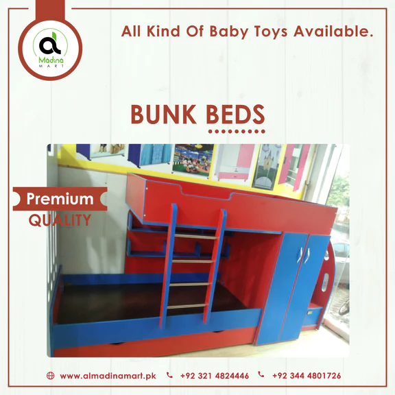 Red & Blue Kids Wooden Bunker Bed